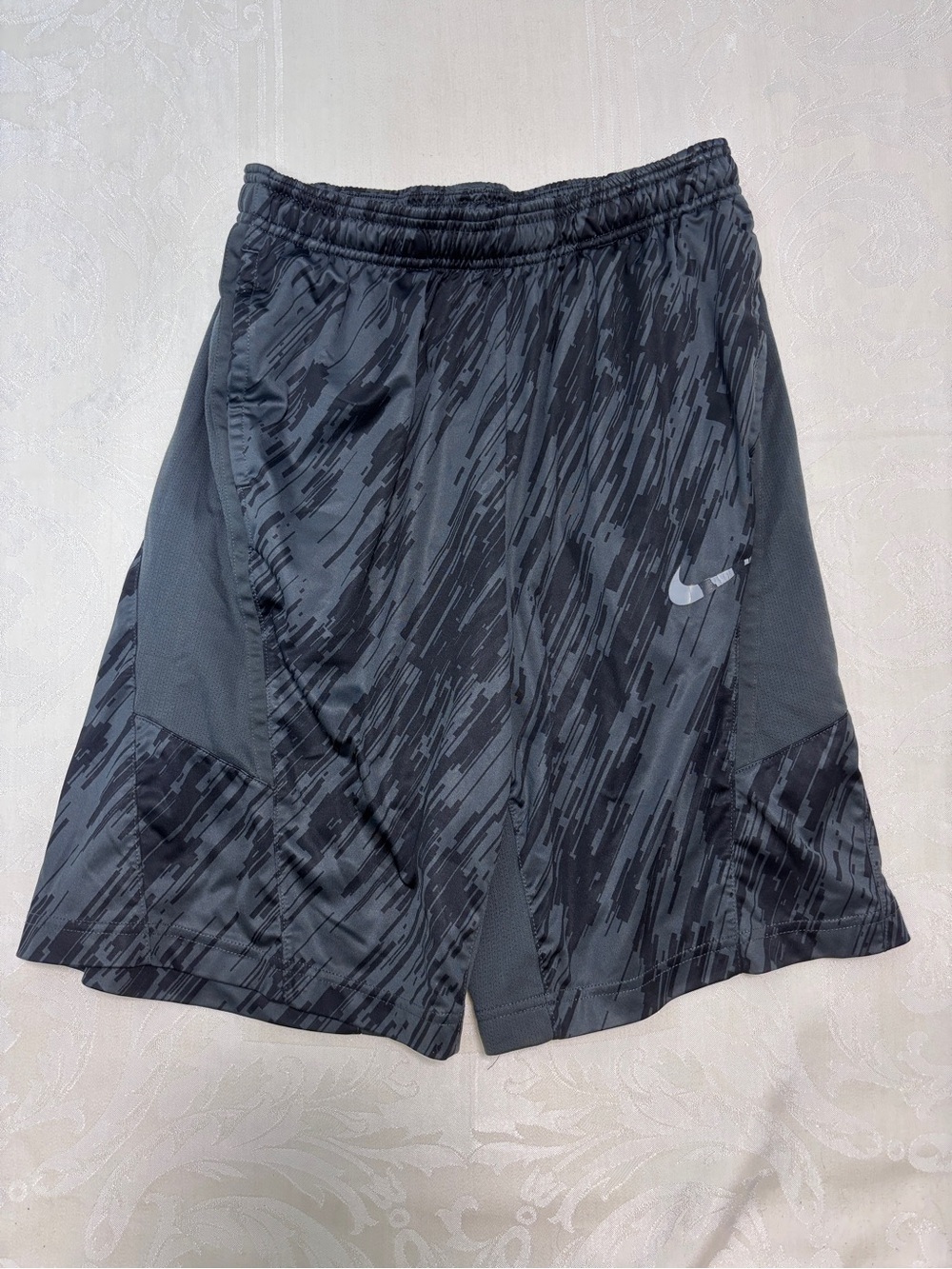 Nike Men's Dark Gray Patterned Athletic Shorts with Reflective Swoosh